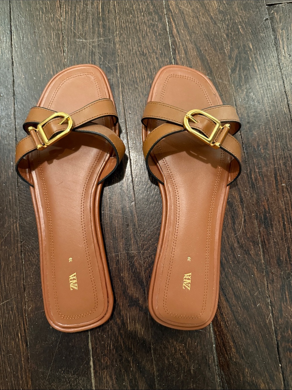 Zara Tan Leather Slide Sandals with Gold Buckle